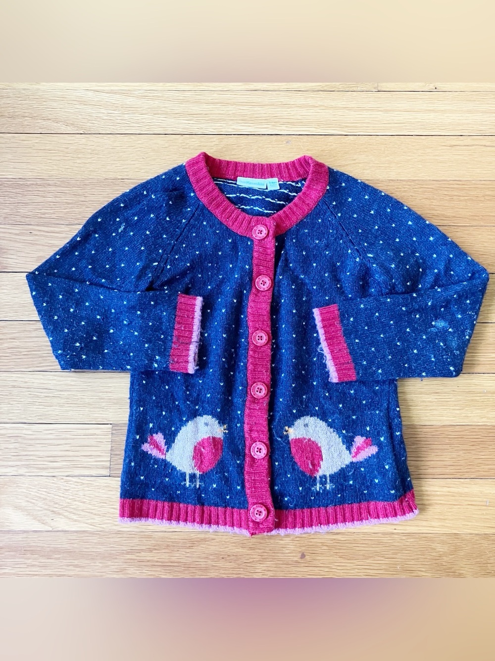 Jojo Maman Bebe Red Navy Robin Bird Christmas Wool Cashmere Cardigan Sweater 3/4